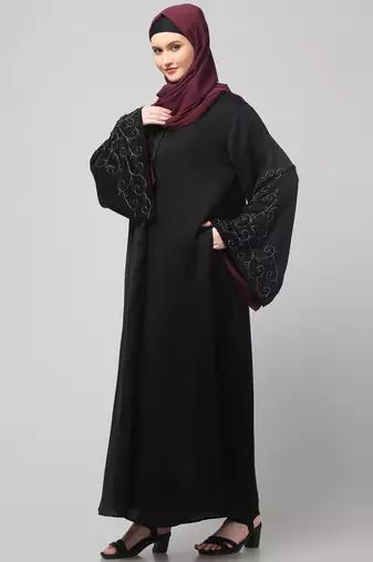 sleeves hand stone work with contrast inside slit front open abaya with hijab