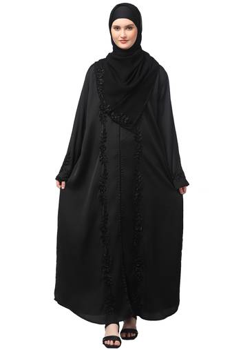 hand embroidered both side at front, sleeves and hijab front open abaya with hijab