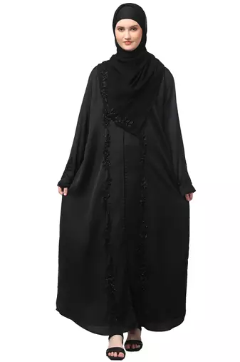 hand embroidered both side at front, sleeves and hijab front open abaya with hijab