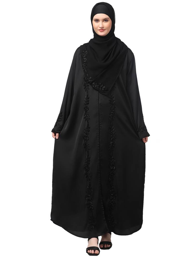 hand embroidered both side at front, sleeves and hijab front open abaya with hijab
