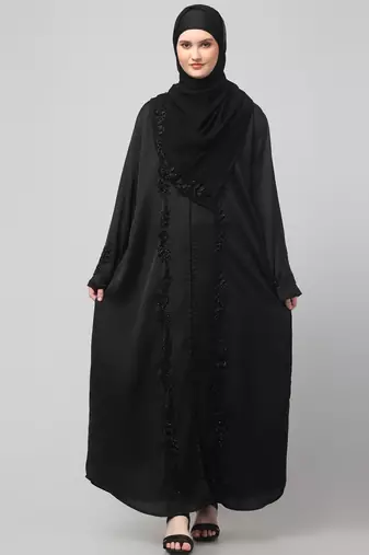 hand embroidered both side at front, sleeves and hijab front open abaya with hijab