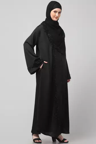 hand embroidered both side at front, sleeves and hijab front open abaya with hijab