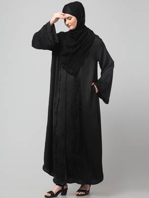 hand embroidered both side at front, sleeves and hijab front open abaya with hijab 5