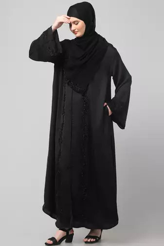 hand embroidered both side at front, sleeves and hijab front open abaya with hijab