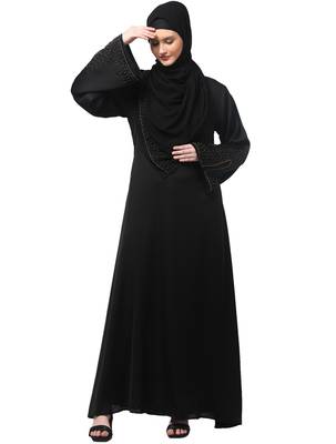 sleeves and hijab golden hand embroidred a line abaya 1