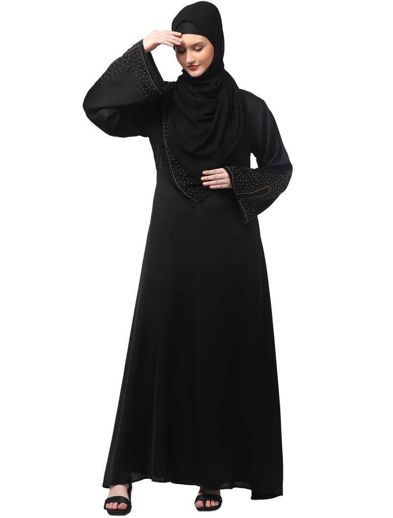 sleeves and hijab golden hand embroidred a line abaya