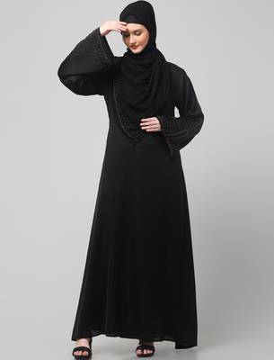 sleeves and hijab golden hand embroidred a line abaya 3