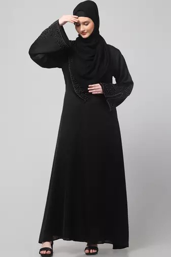 sleeves and hijab golden hand embroidred a line abaya