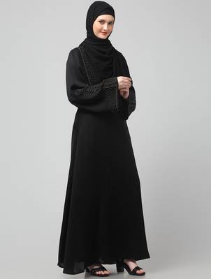 sleeves and hijab golden hand embroidred a line abaya 4