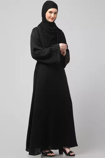 sleeves and hijab golden hand embroidred a line abaya