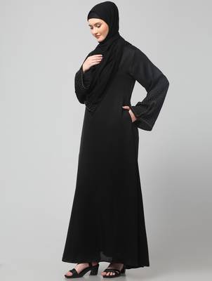 sleeves and hijab golden hand embroidred a line abaya 5