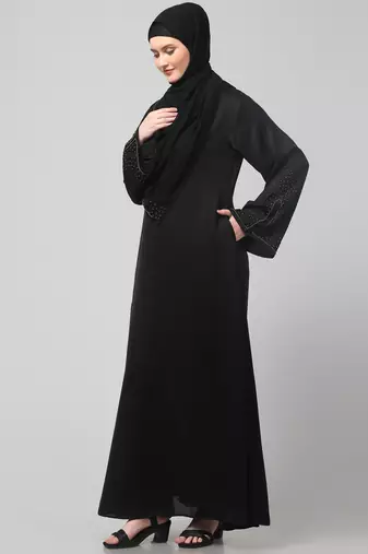 sleeves and hijab golden hand embroidred a line abaya