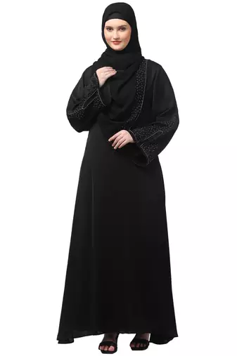 sleeves and hijab silver hand embroidred a line abaya