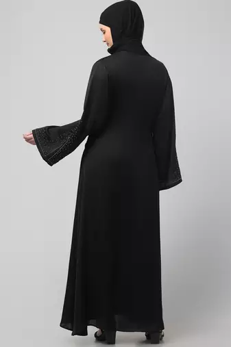 sleeves and hijab silver hand embroidred a line abaya