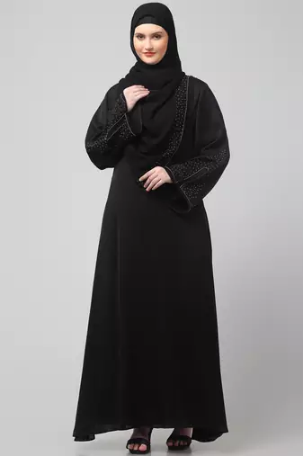 sleeves and hijab silver hand embroidred a line abaya