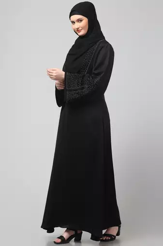 sleeves and hijab silver hand embroidred a line abaya