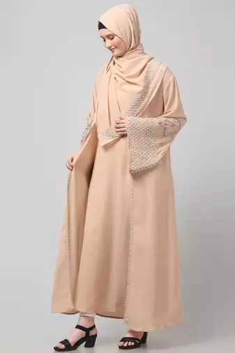 sleeves and hijab hand pearl hand embroidard inner and jacket with hijab party abaya