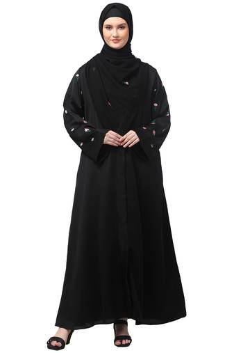 sleeves and hijab thread embrodery front open abaya