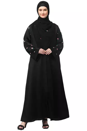 sleeves and hijab thread embrodery front open abaya