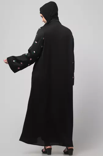 sleeves and hijab thread embrodery front open abaya