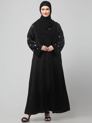 sleeves and hijab thread embrodery front open abaya 3
