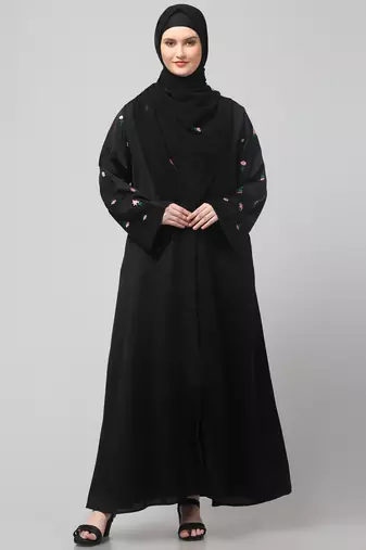 sleeves and hijab thread embrodery front open abaya