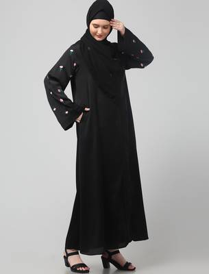 sleeves and hijab thread embrodery front open abaya 4
