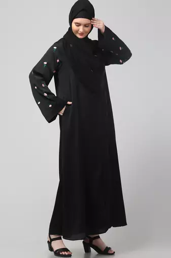 sleeves and hijab thread embrodery front open abaya