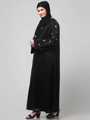 sleeves and hijab thread embrodery front open abaya 5