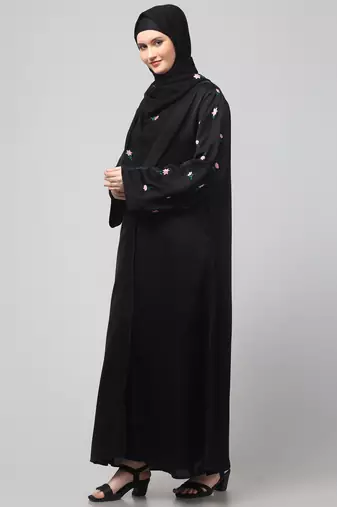 sleeves and hijab thread embrodery front open abaya