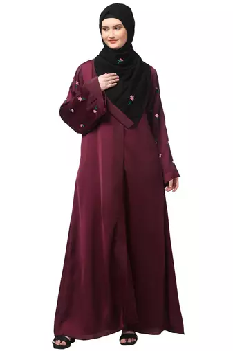 sleeves and hijab thread embrodery front open abaya