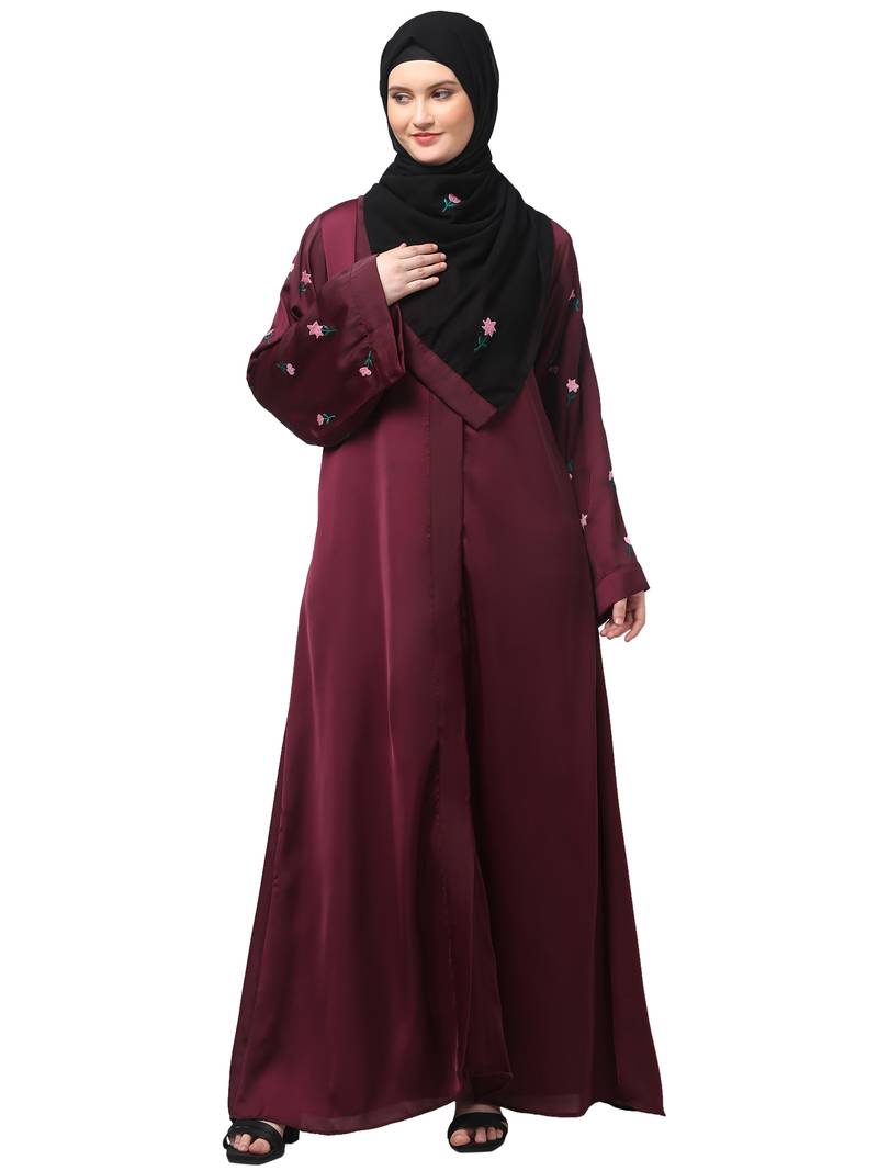sleeves and hijab thread embrodery front open abaya