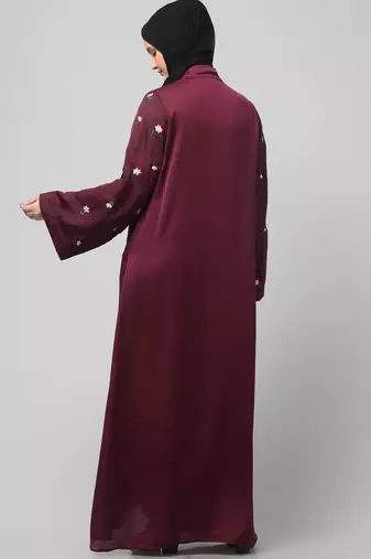 sleeves and hijab thread embrodery front open abaya