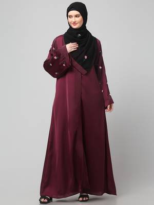 sleeves and hijab thread embrodery front open abaya 3