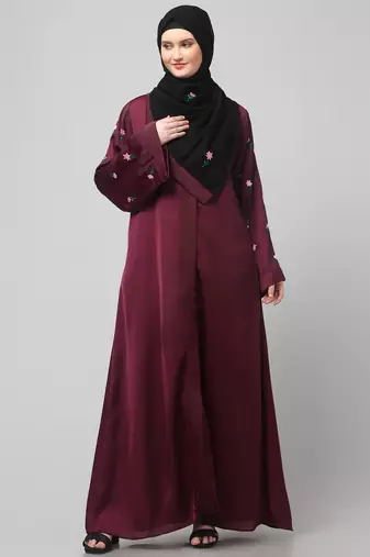 sleeves and hijab thread embrodery front open abaya