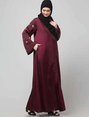 sleeves and hijab thread embrodery front open abaya 4