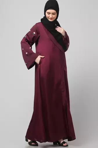 sleeves and hijab thread embrodery front open abaya