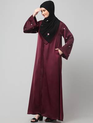 sleeves and hijab thread embrodery front open abaya 5