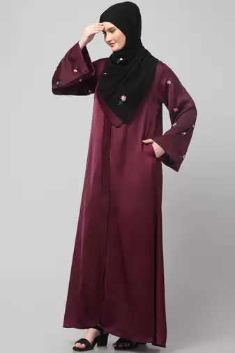 sleeves and hijab thread embrodery front open abaya