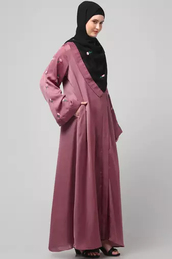 sleeves and hijab thread embrodery front open abaya