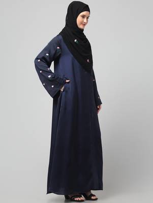 sleeves and hijab thread embrodery front open abaya 4