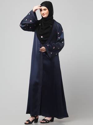 sleeves and hijab thread embrodery front open abaya 5