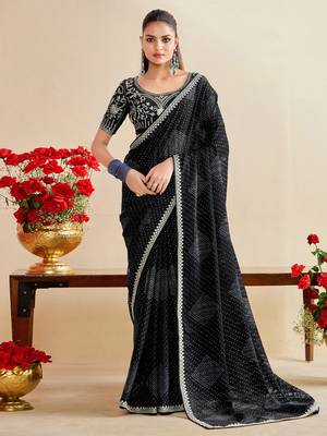 black moss chiffon silk blend bandhani printed saree with embroidered lace boarder with blouse  1