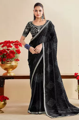 black moss chiffon silk blend bandhani printed saree with embroidered lace boarder with blouse 
