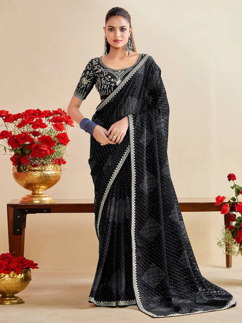 black moss chiffon silk blend bandhani printed saree with embroidered lace boarder with blouse