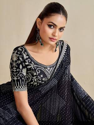 black moss chiffon silk blend bandhani printed saree with embroidered lace boarder with blouse  2