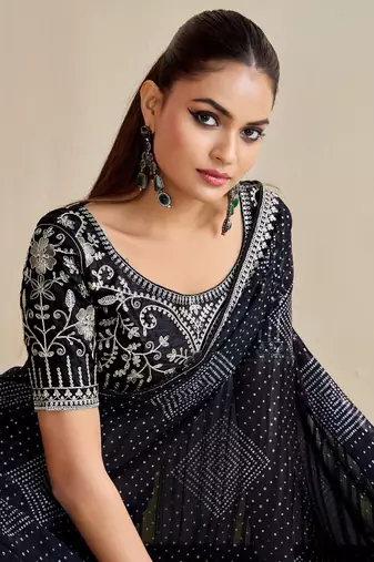 black moss chiffon silk blend bandhani printed saree with embroidered lace boarder with blouse 