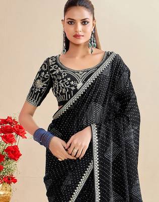 black moss chiffon silk blend bandhani printed saree with embroidered lace boarder with blouse  4