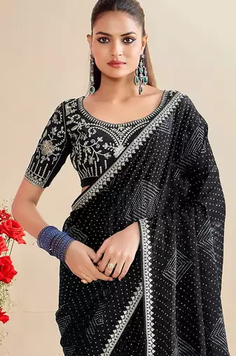 black moss chiffon silk blend bandhani printed saree with embroidered lace boarder with blouse 