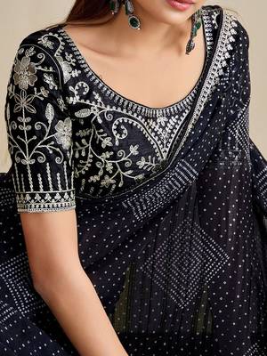 black moss chiffon silk blend bandhani printed saree with embroidered lace boarder with blouse  5